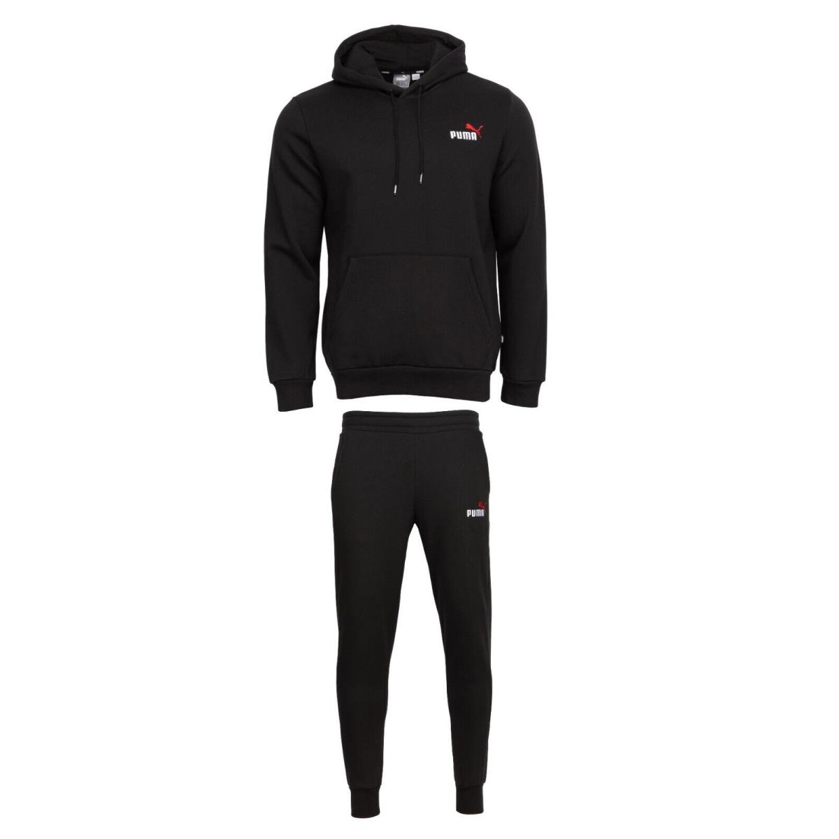 Men`s Puma Essential Embroidery Logo Sweat Hoodie + Matching Pants Tracksuits Black