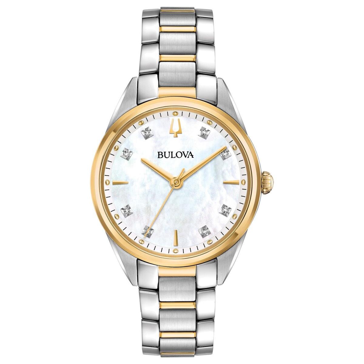 Bulova Women`s Classic Quartz Gemmed Silver Stainless Steel Watch 33 MM 98P184 - Dial: White, Band: Silver, Gold, Bezel: Gold