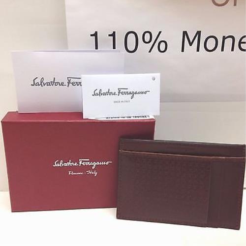 Salvatore Ferragamo Brown Stamp Logo Leather ID Credit Card Cash Case Wallet