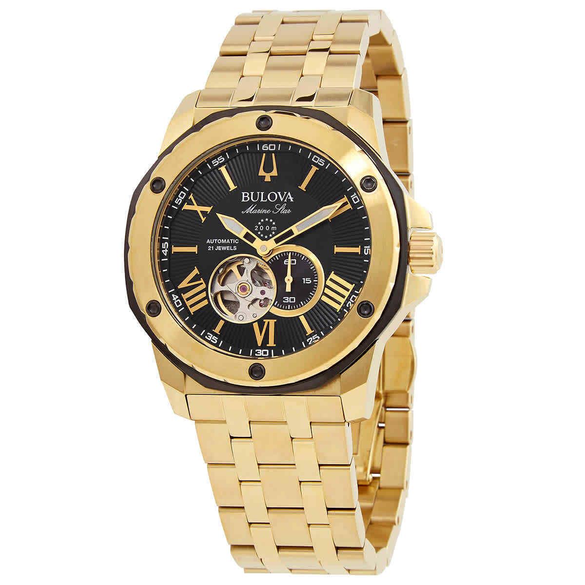 Bulova Marine Star Automatic Black Dial Men`s Watch 98A273 - Dial: Black, Band: Gold, Bezel: Gold, Black