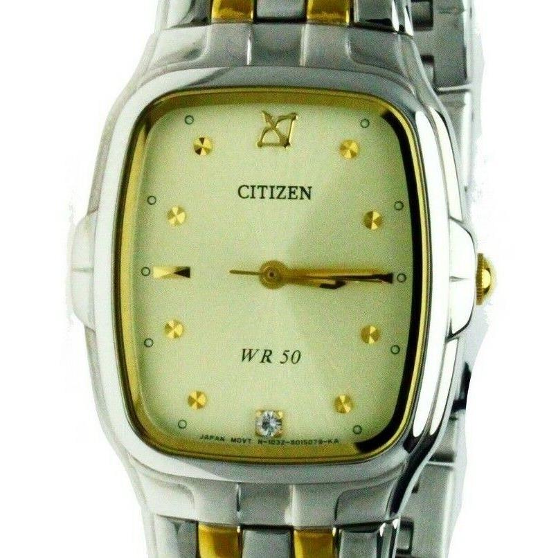 Citizen 50M Water Resistant Watch Two Tone S Steel Case Band Square Yellow Dial