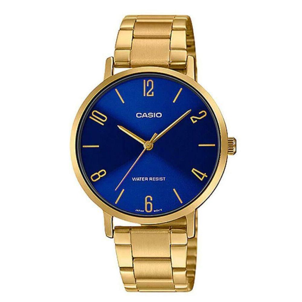 Casio LTP-VT01G-2B Women`s Minimalistic Gold Tone Analog Dress Blue Dial Watch - Blue Dial, Gold Band