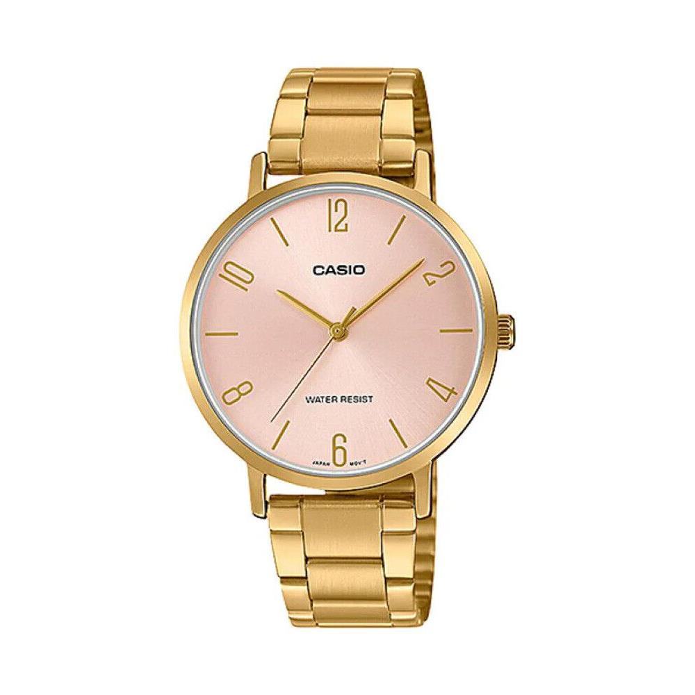 Casio LTP-VT01G-4B Women`s Minimalistic Gold Tone Analog Dress Pink Dial Watch - Pink Dial, Gold Band