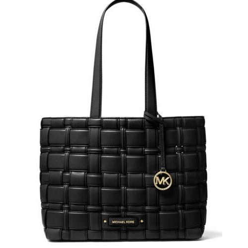 Michael Kors Ivy Woven East West Tote Black Gold Tote Bag Snap Pocket Gold