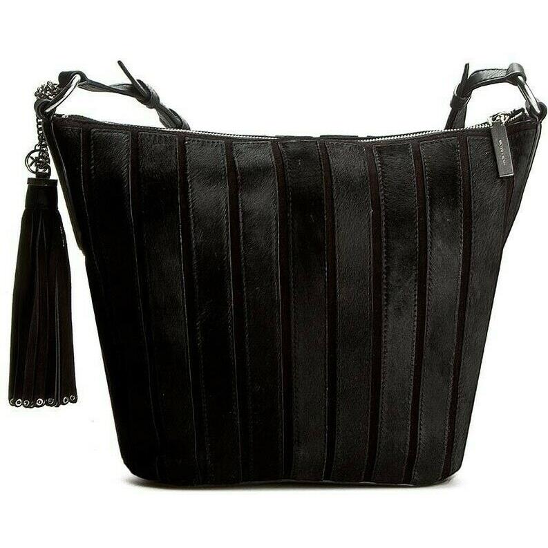 Michael Kors Brooklyn Applique Haircalf Leather Strip Black Shoulder Bag