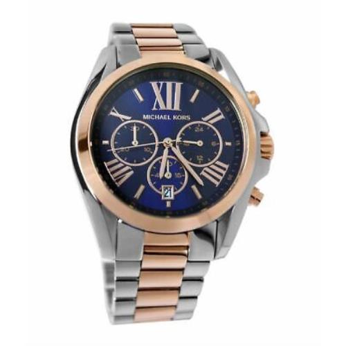 Michael Kors Bradshaw 2 Tone Silver Rose Gold Blue Roman 3 S Dial Watch MK5606