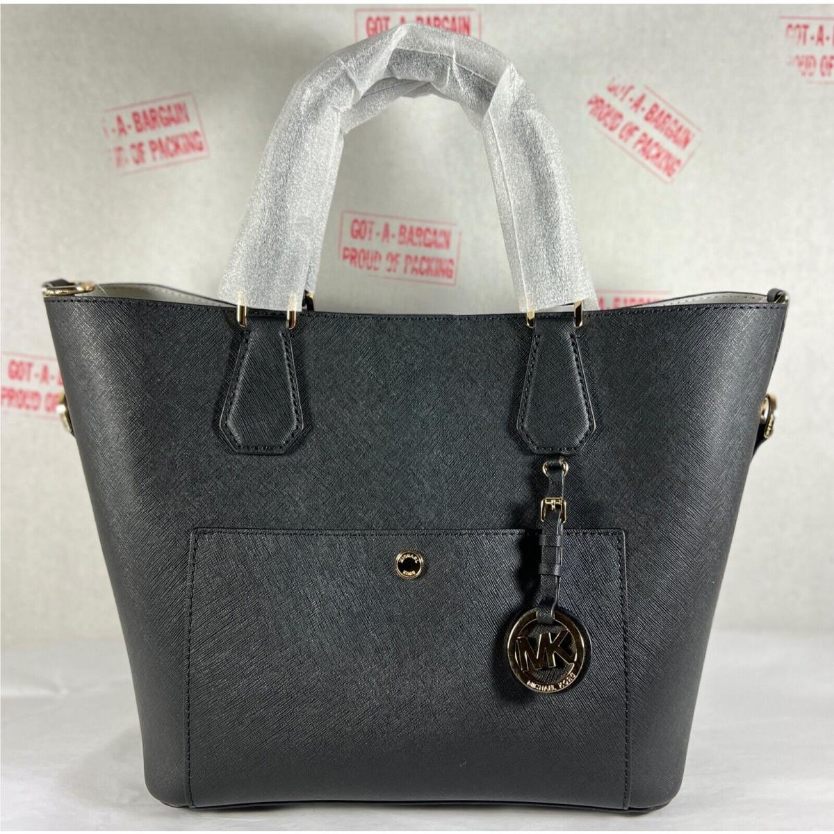 Michael Kors Greenwich Black White Saffiano Leather Large Grab Tote Shoulder Bag