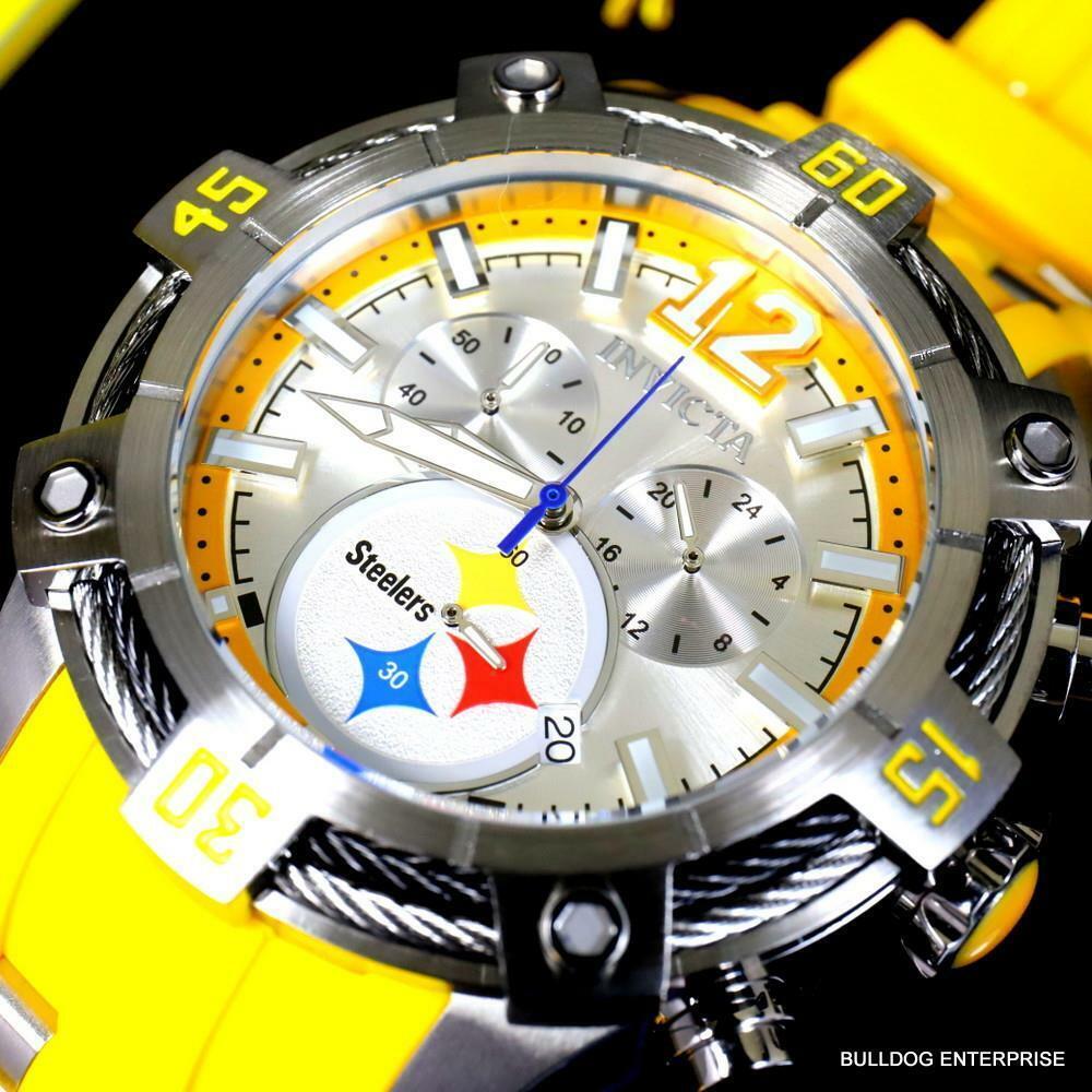 Invicta Nfl Pittsburgh Steelers Bolt Pro Diver Scuba Chronograph Watch 52mm - Face: Silver, Dial: Silver, Band: Yellow