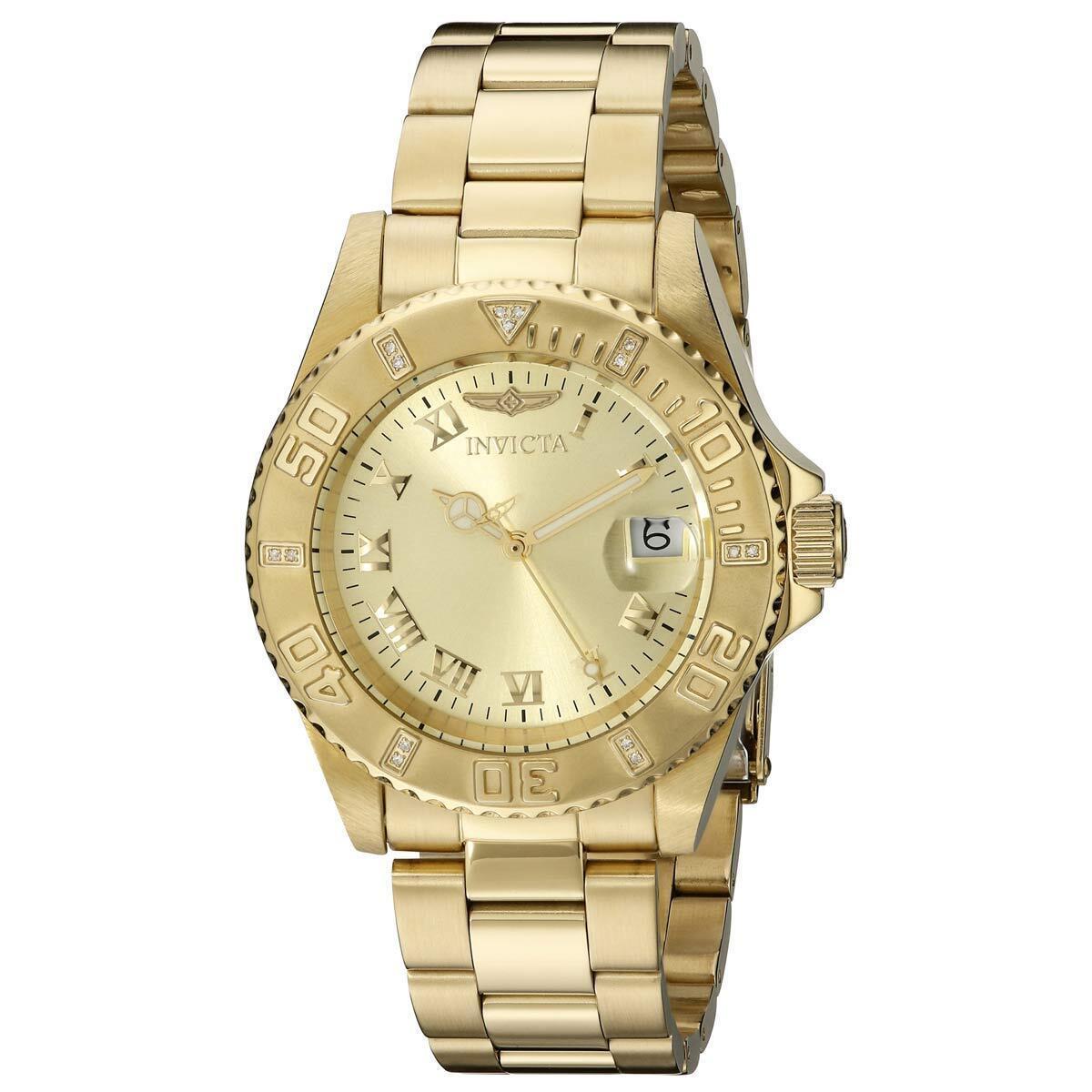 Invicta Men`s Watch Gold Dial Dive Diamond Accented Bezel Bracelet 12820