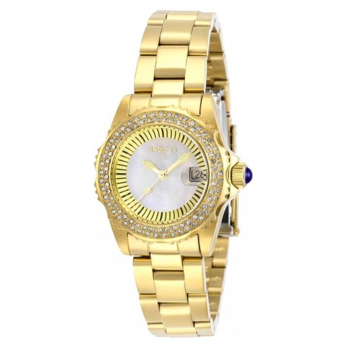 Invicta Angel Women`s 30mm Mother of Pearl Crystal Dial Swiss Quartz Watch 28444 - Dial: Multicolor, White, Band: Gold, Yellow