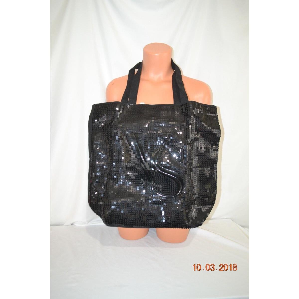 Sexy Victorias Secret Black Sequins Bling Monogram Tote Bag Purse Shopper