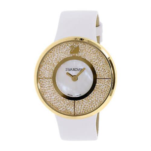 Swarovski Crystal Swiss Watch Crystalline Yellow Gold White Leather Belt 1184025