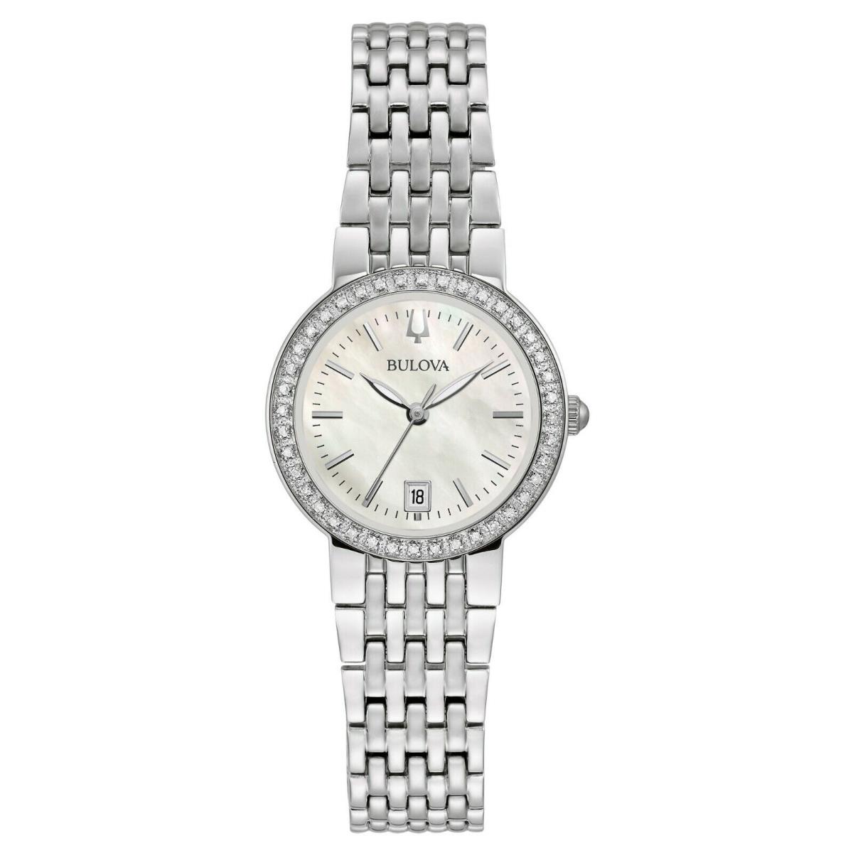 Bulova Women`s Quartz Diamond Accent Date Display Silver-tone 26mm Watch 96R239 - Mother of Pearl Dial, Silver Band