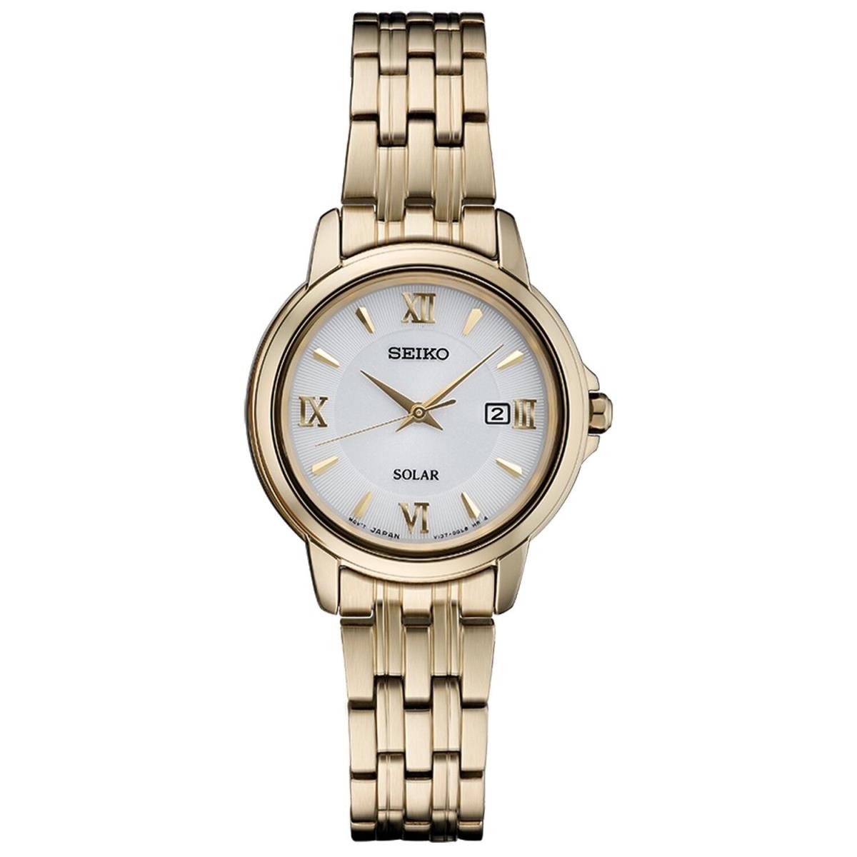 Seiko Women`s Essentials Solar Gold Tone Bracelet Watch SUT350 - White Dial, Gold Band