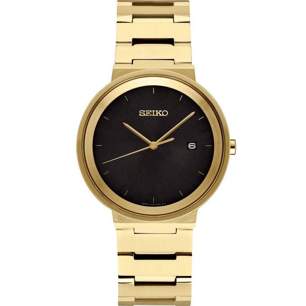 Seiko Men`s Essentials Black Dial Gold Bracelet Band Watch SUR488 - Dial: Black, Band: Gold