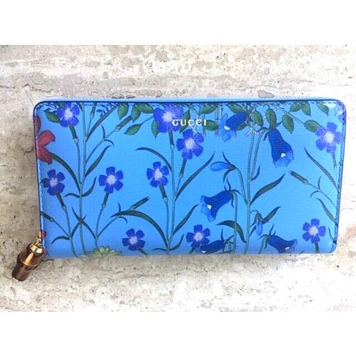 Gucci Nymphae Azure Floral Blue Continental Wallet Leather Box Italy Flower