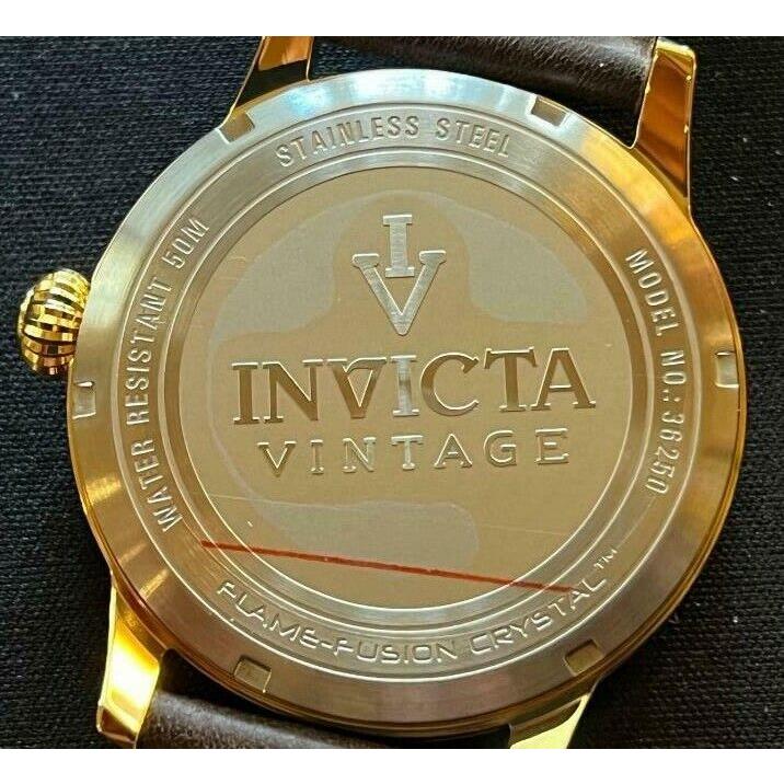 Invicta Vintage 36250 Gold Qtz 44Mm White Dial Brown Leather Strap 