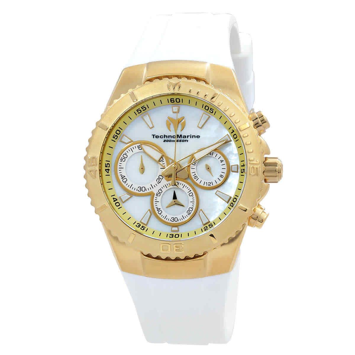 Technomarine Manta Chronograph Quartz White Mop Dial Ladies Watch TM-220071 - Dial: White Mother of Pearl, Band: White, Bezel: Gold-tone