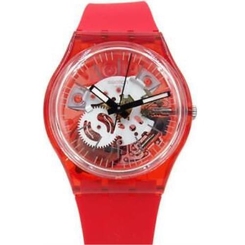 Swiss Swatch Rosso Bianco Skeleton Red Silicone Watch 34mm GR178