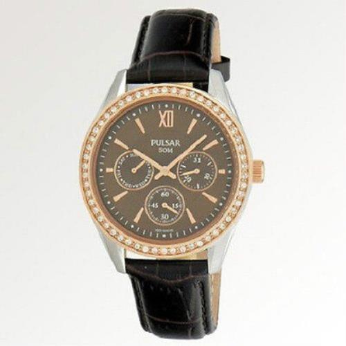 Pulsar PP6008 Women`s Dress Crystals/bezel Brown Dial Day Date Leather Strap