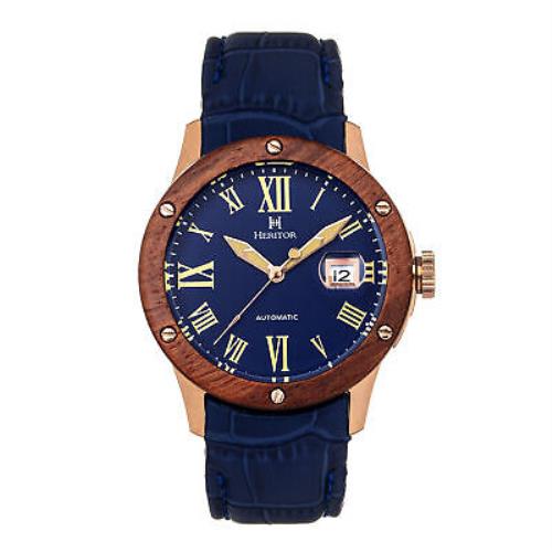 Heritor Automatic Everest Wooden Bezel Leather Band Watch W/date- Rose Gold/blue