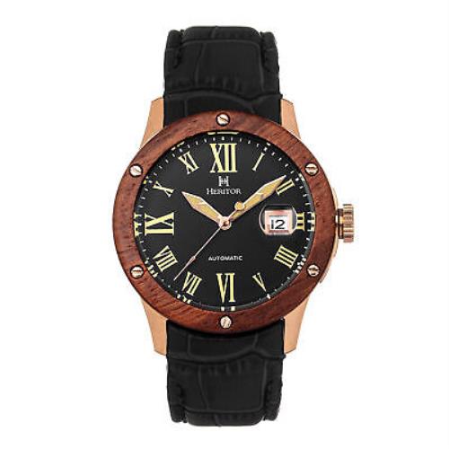 Heritor Automatic Everest Wooden Bezel Leather Band Watch W/date-rose Gold/black