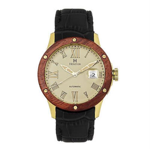 Heritor Automatic Everest Wooden Bezel Leather Band Watch W/date - Gold/cream