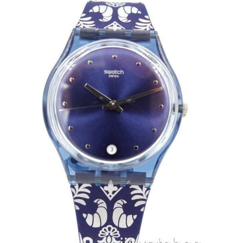 Swiss Swatch Calife Women Blue Silicone Date Watch 34mm GN413