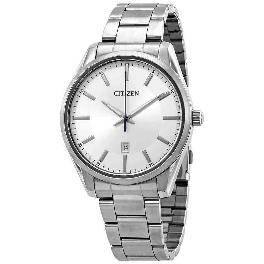 Citizen Quartz Silver Dial Stainless Steel Men`s Watch BI1030-53A - Dial: Silver, Band: Silver, Bezel: Silver, Black