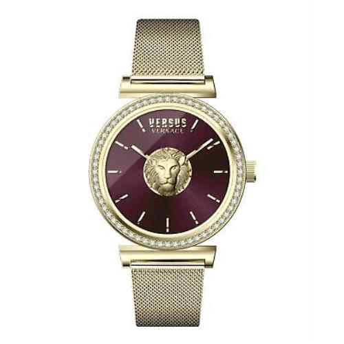 Versace Brick Lane Crystal Watch - Burgundy Dial, Gold Band, Burgundy Bezel