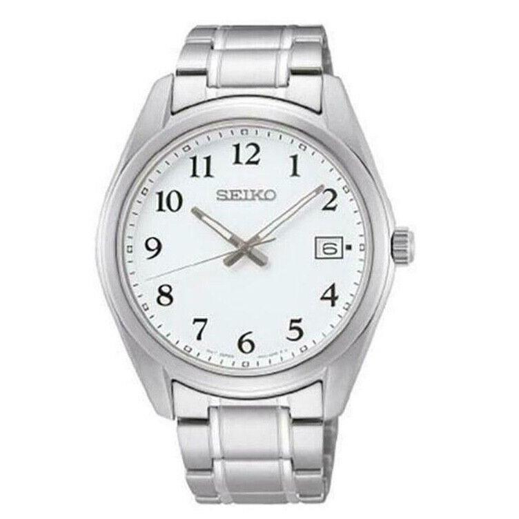 Seiko Essential SUR459 Stainless Steel White Arabic Date Quartz Men`s Watch