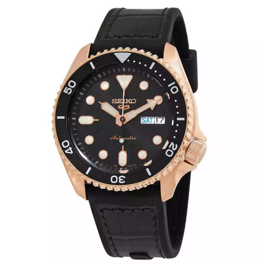 Seiko Men`s Gold Analogue Automatic Watch with Silicone Strap SRPD76K1 - Black, Dial: Black, Band: Black