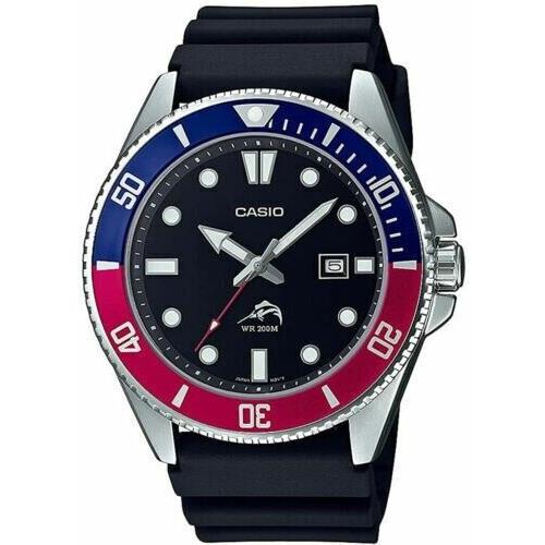 Casio MDV106B-1A2V Mens Duro 200M Black Resin Strap Wdate Analog Sport Watch - Dial: Black, Band: Black, Bezel: Blue & Red