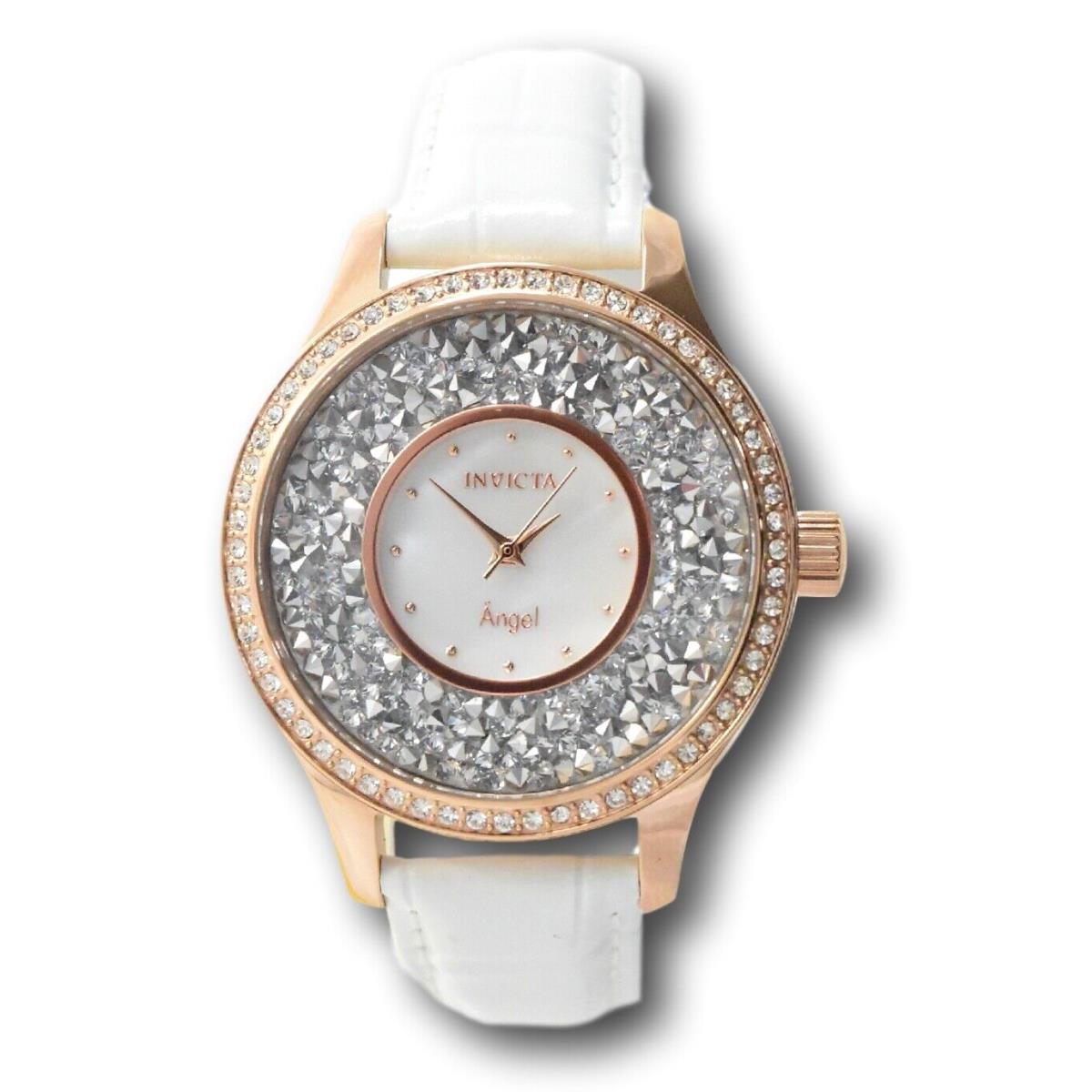 Invicta Angel Women`s 40mm Rose Gold Crystal Sparkle White Leather Watch 24588 - Dial: White, Band: White, Manufacturer Band: White