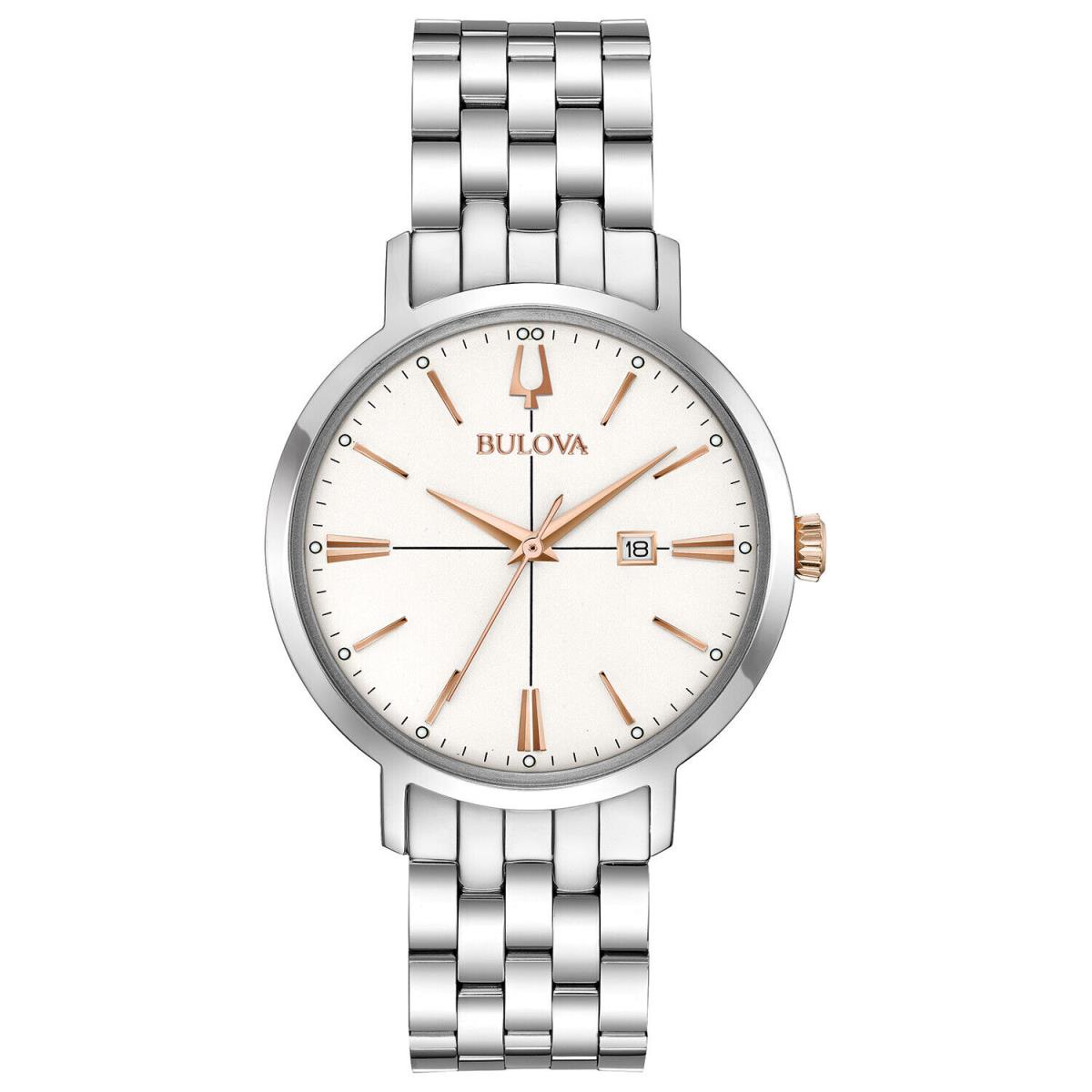 Bulova Women`s Aerojet Rose Gold Accents Silver Tone 34.5mm Watch 98M130 - Gray Dial, Silver Band