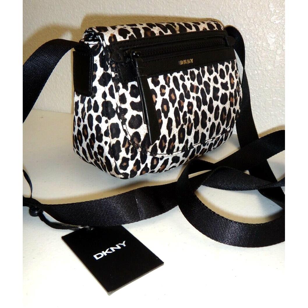 Dkny Women`s Carla Leopard Cheetah Nylon Cross-body Flap Shoulder Bag Gold Logo