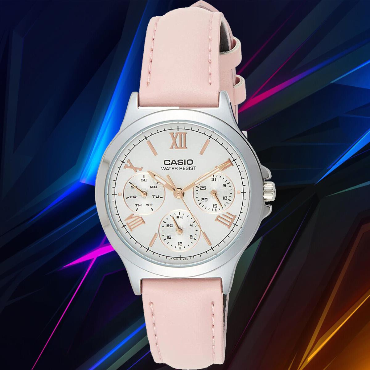 Casio LTP-V300L-4A2 Women`s Analog Watch Pink Leather Band 3 Dials Dress - Pink