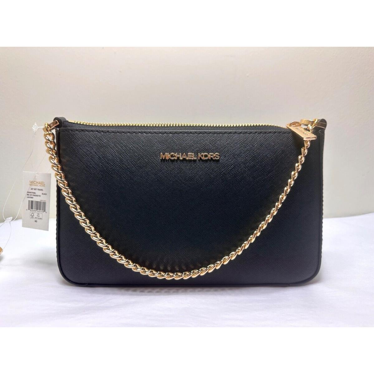 Michael Kors Jet Set Chain MD Zip Saffiano Leather Pouchette Crossbody Bag Black leather/Gold