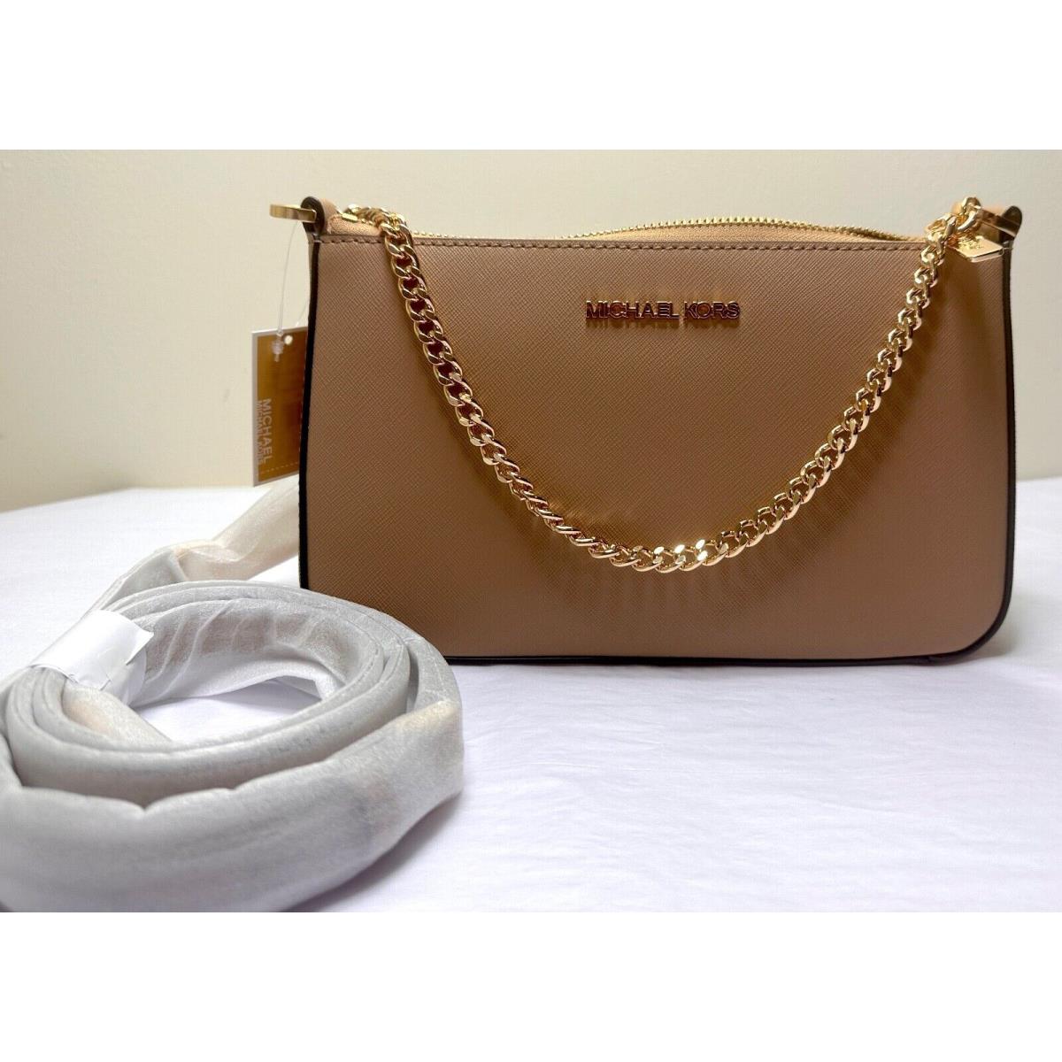 Michael Kors Jet Set Chain MD Zip Saffiano Leather Pouchette Crossbody Bag Camel Beige/gold