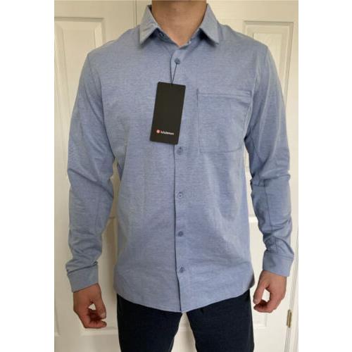 Lululemon Men Size S Commission LS Shirt Harbor Blue Habl/wht Longsleeve Button
