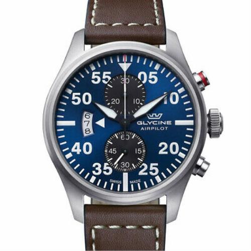 Glycine GL0357 Airpilot Chrono Men`s Swiss Chronograph Pilot Aviator Watch 44mm