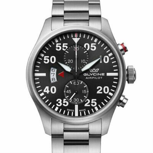 Glycine GL0355 Airpilot Chrono Men`s Swiss Chronograph Pilot Aviator Watch 44mm