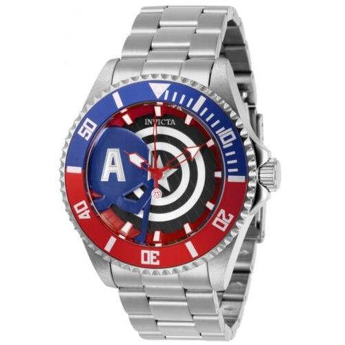 Invicta Marvel Captain America Men`s 44mm Limited Edition Quartz Watch 29680 - Dial: Black, Blue, Multicolor, White, Band: Silver, Bezel: Blue, Red