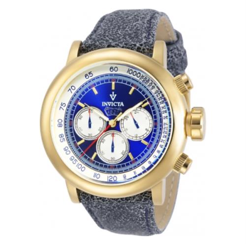Invicta Men`s Watch Vintage Blue and Gold Tone Dial Black Leather Strap 13057