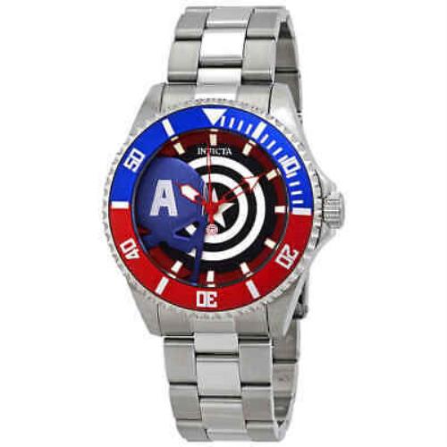 Invicta Marvel Captain America Quartz Pepsi Bezel Men`s Watch 29680 - Red and Black (Captain America ) Dial, Silver-tone Band