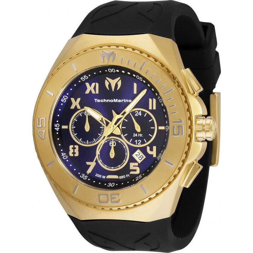 Technomarine Ocean Manta Men`s 48mm Blue Gold Chronograph Watch TM-220016 - Dial: Blue, Band: Black, Bezel: Gold