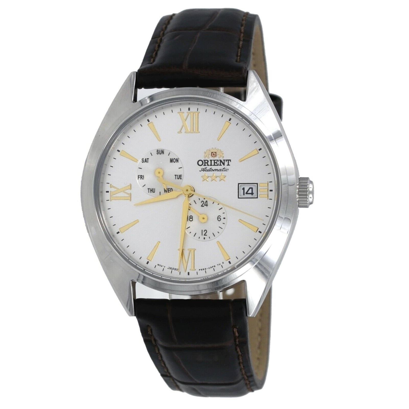 Orient RA-AK0508S Men`s Tri Star Altair Leather Band White Dial Automatic Watch - White Dial, Brown Band