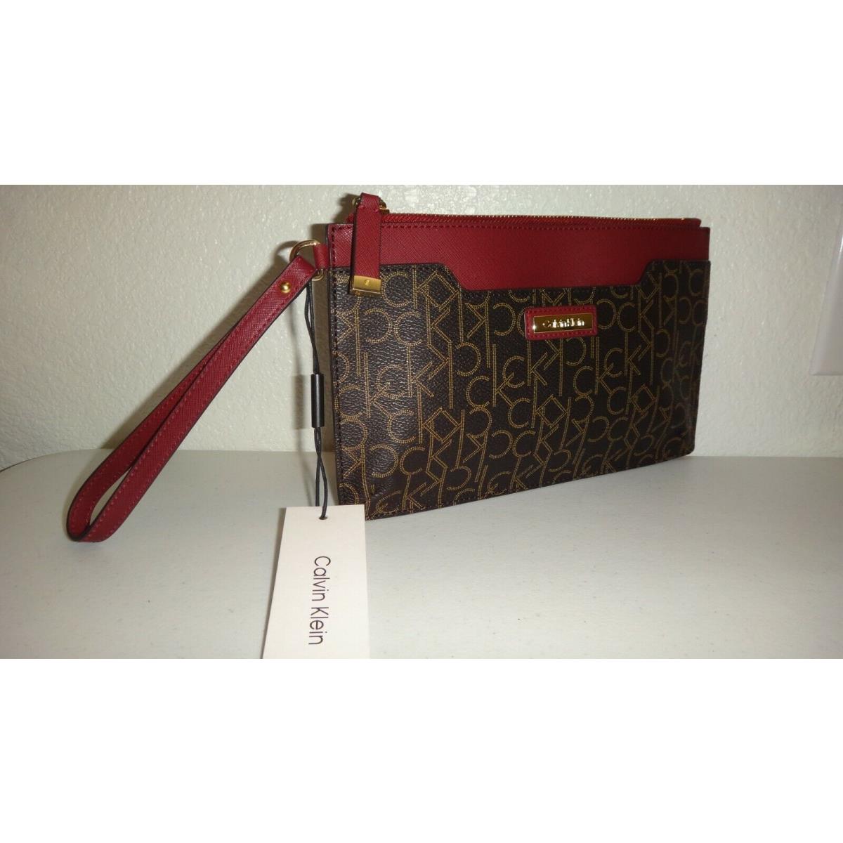 Calvin Klein Brown Signature Large Wristlet Clutch Wallet Cosmetic Bag H5DGJ2QA Fash Brands