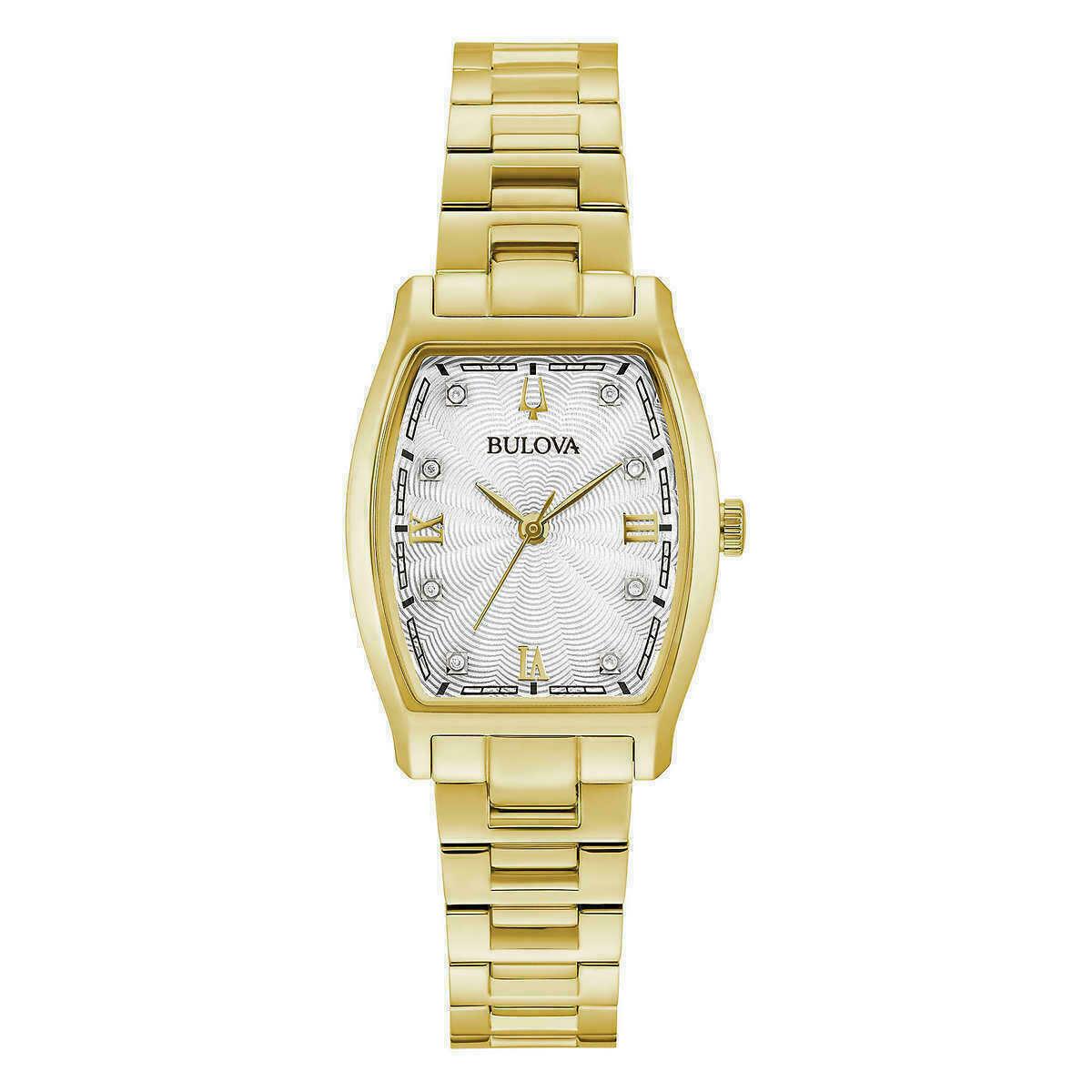 Bulova 97P148 Tonneau Diamond Accented Stainless Gold Tone Women`s Watch - Silver Dial, Gold Band