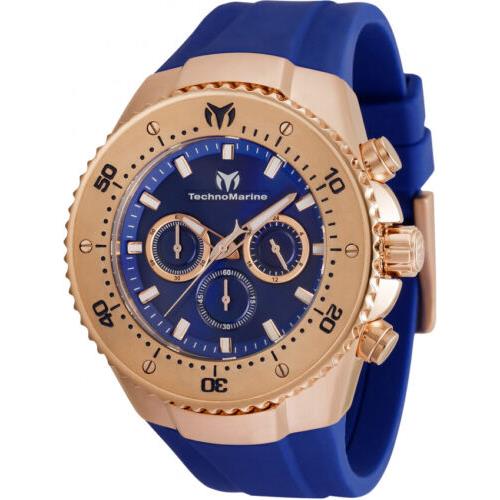 Technomarine Sea Manta Mens 48mm Deep Blue Dial Rose Gold Chrono Watch TM-220065 - Dial: Blue, Band: Blue, Bezel: Gold